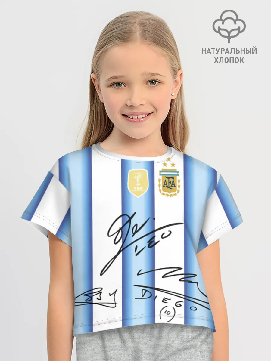 Футболка для девочки укороченная оверсайз хлопок / Аргентина автографы футболистов