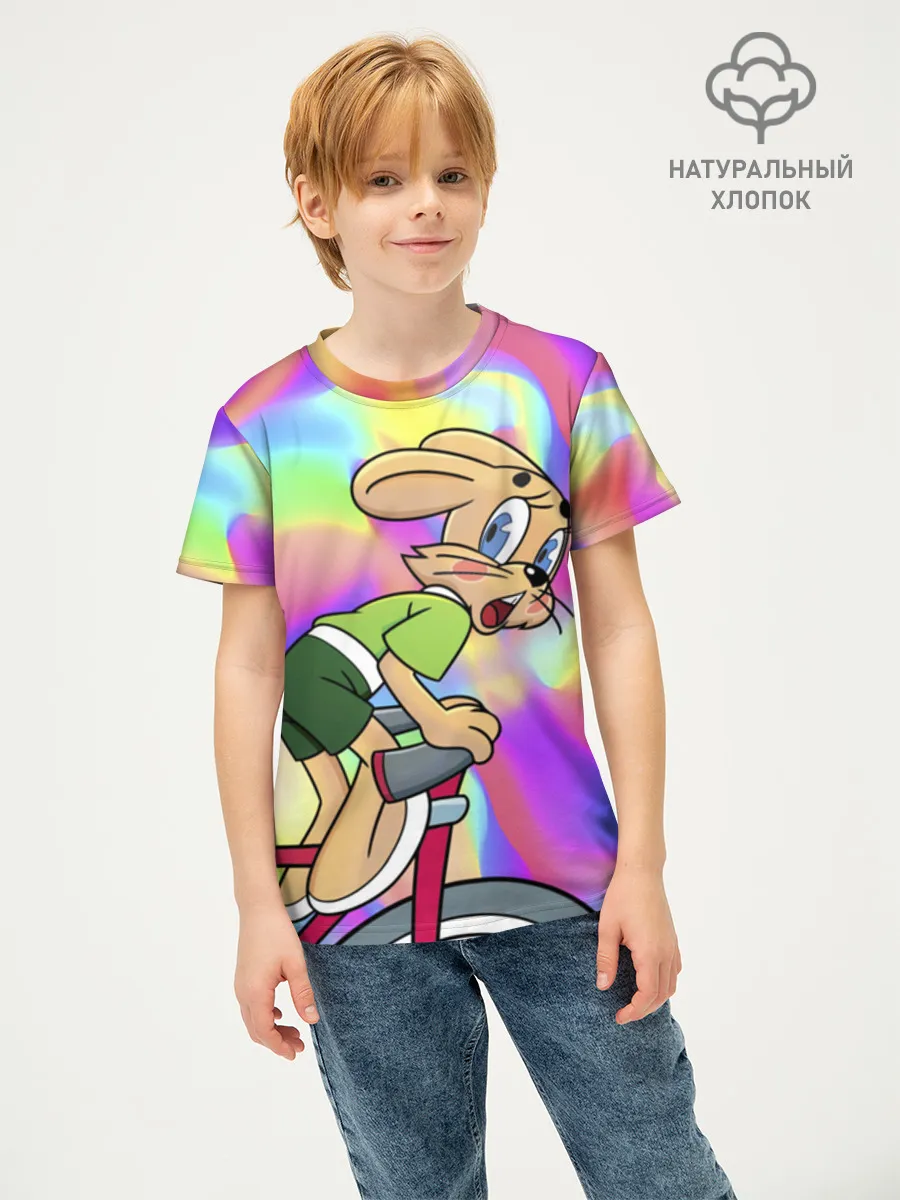 Детская футболка хлопок / Заяц на велосипеде