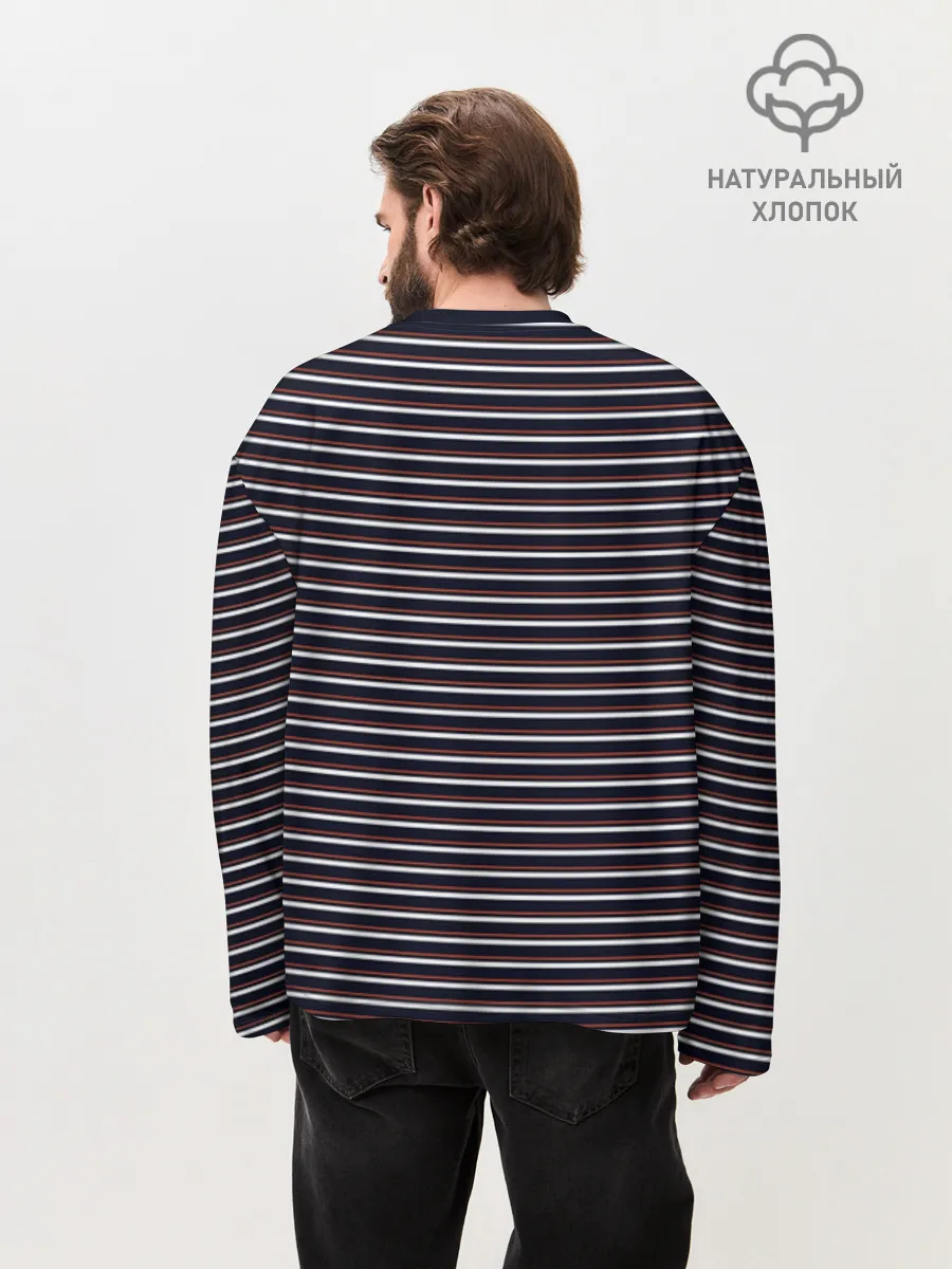 Мужской лонгслив оверсайз хлопок / Тёмно-синяя полоска