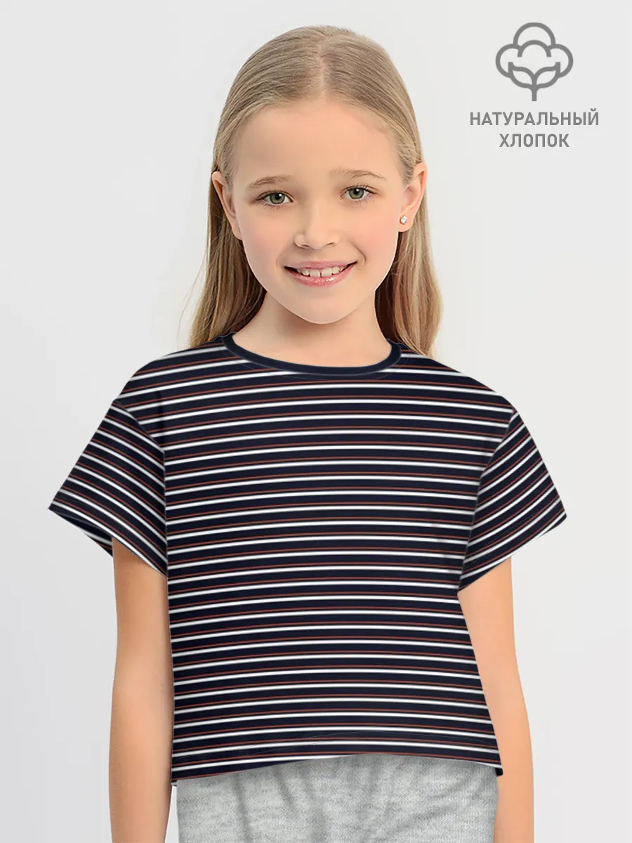 Футболка для девочки укороченная оверсайз хлопок / Тёмно-синяя полоска
