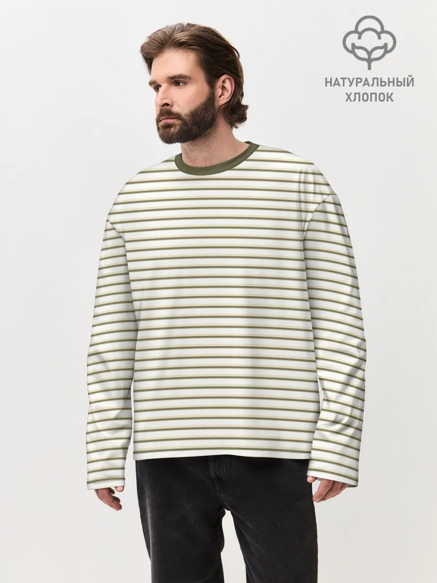 Мужской лонгслив оверсайз хлопок / Зелёная приглушённая полоска
