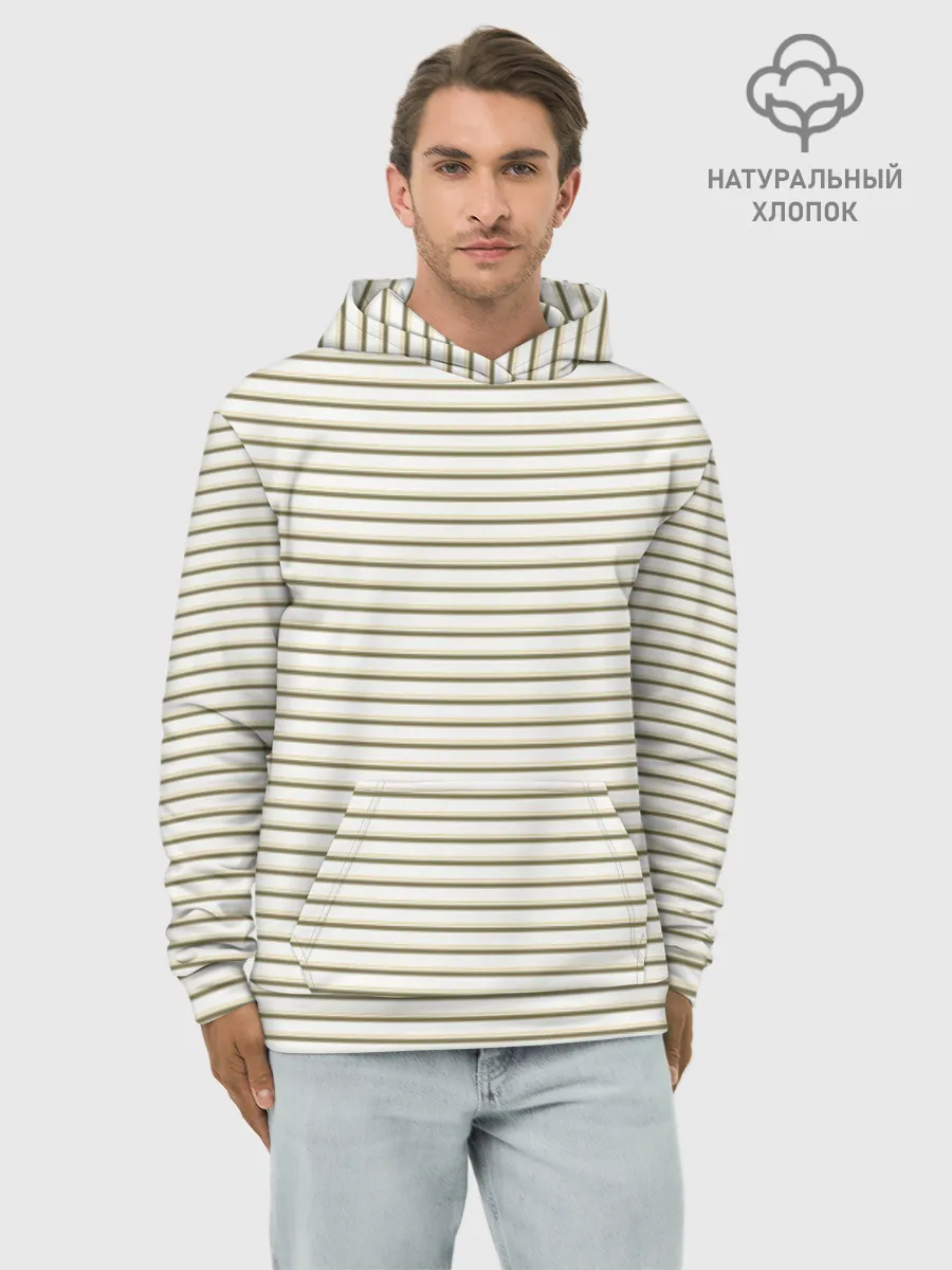 Худи мужской база хлопок / Зелёная приглушённая полоска