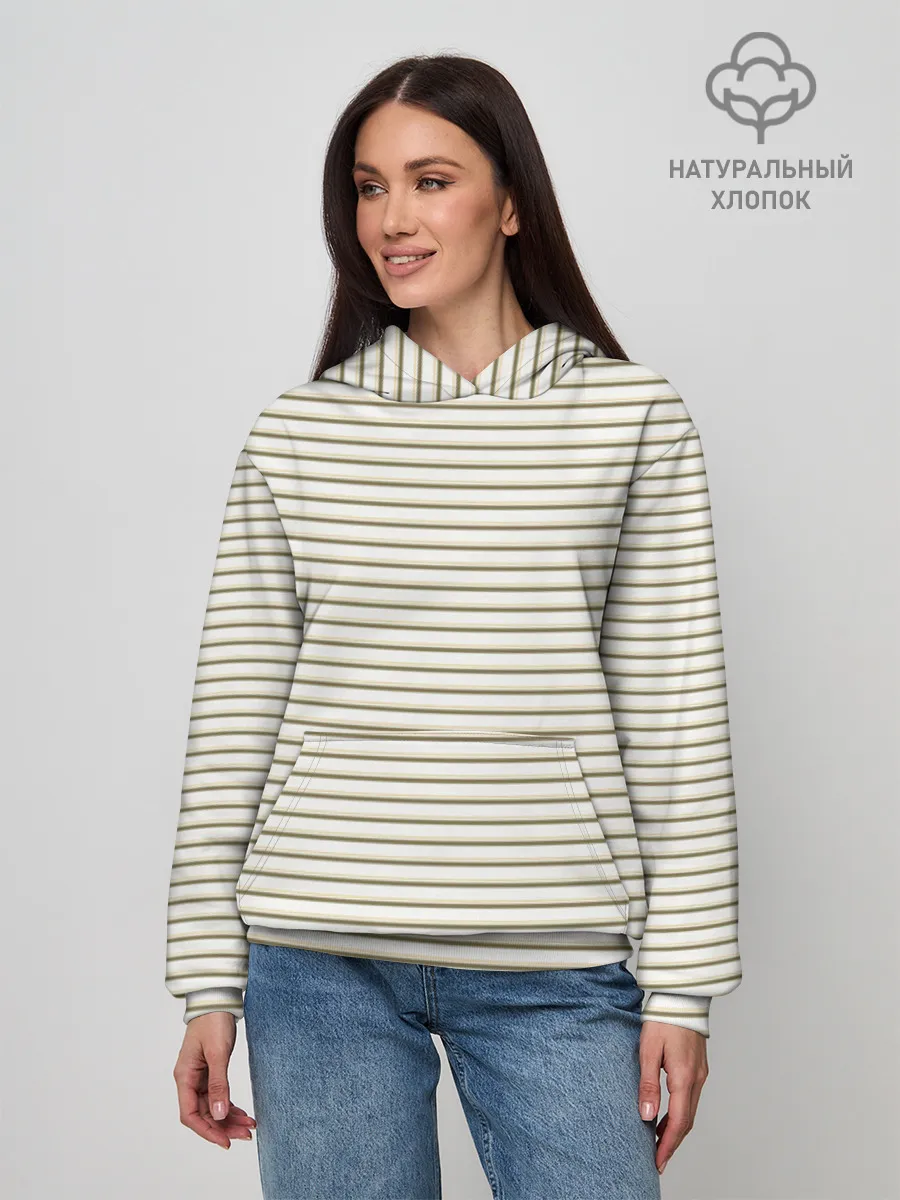 Худи женский база хлопок / Зелёная приглушённая полоска