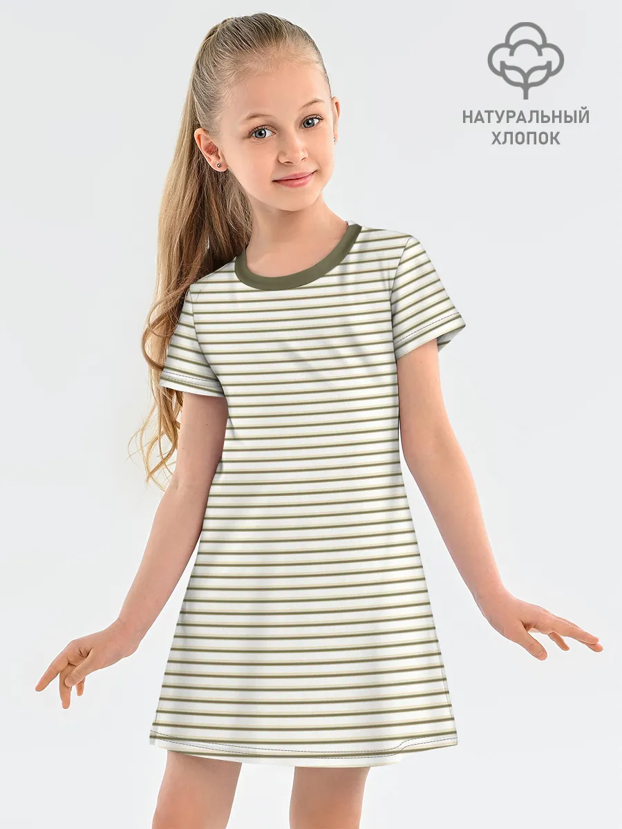 Детское платье хлопок / Зелёная приглушённая полоска