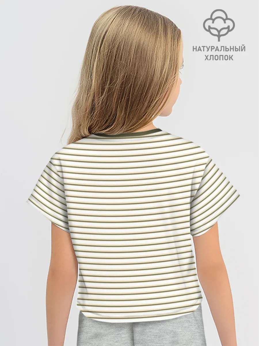 Футболка для девочки укороченная оверсайз хлопок / Зелёная приглушённая полоска