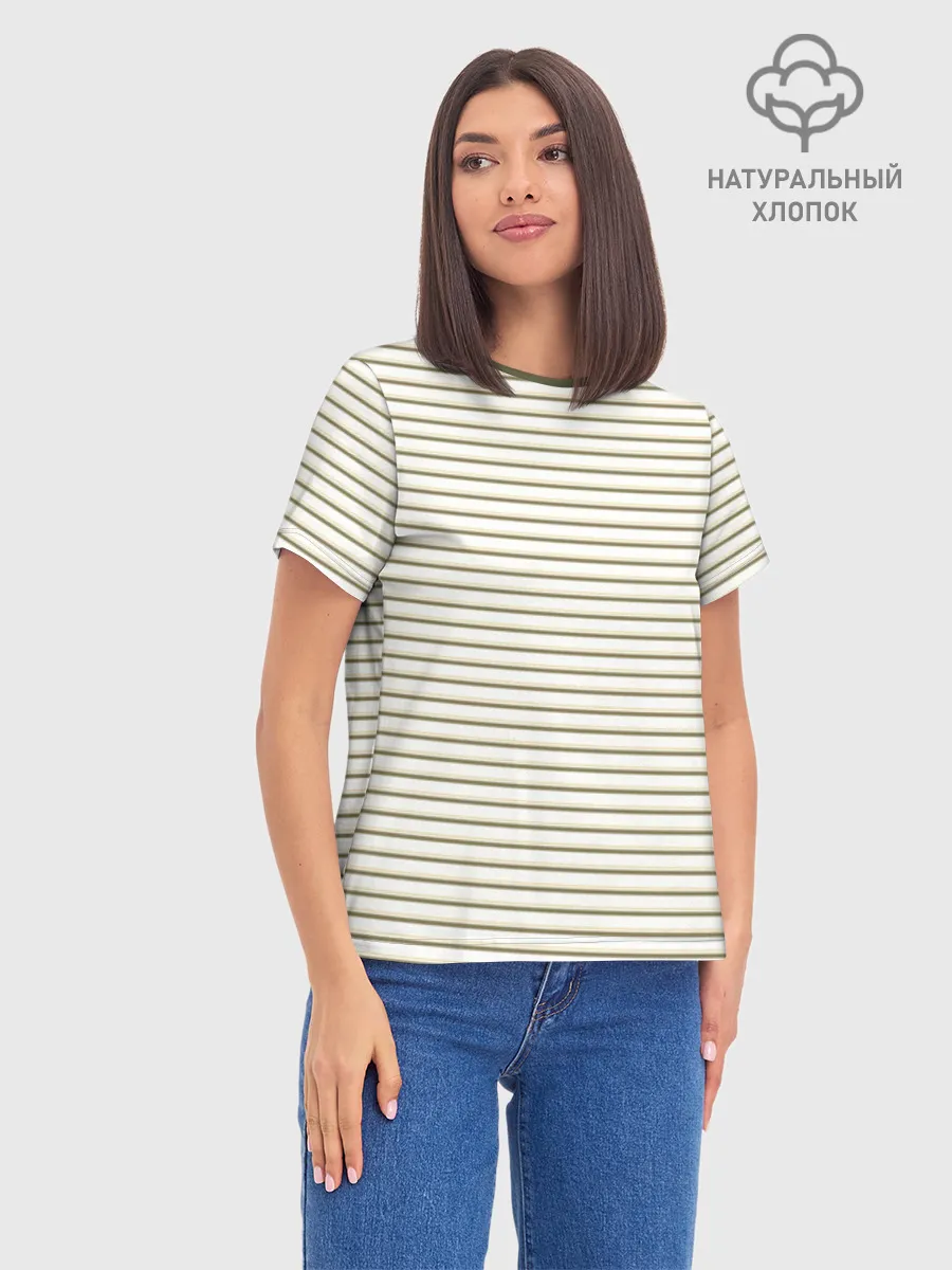 Женская базовая футболка хлопок / Зелёная приглушённая полоска