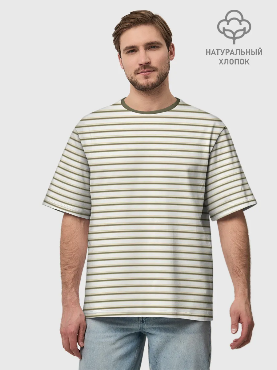 Мужская футболка оверсайз хлопок / Зелёная приглушённая полоска