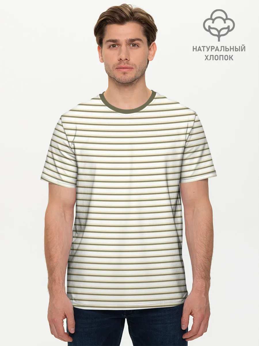 Мужская базовая футболка хлопок / Зелёная приглушённая полоска
