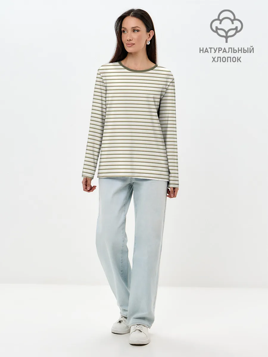 Лонгслив женский. Хлопок / Зелёная приглушённая полоска