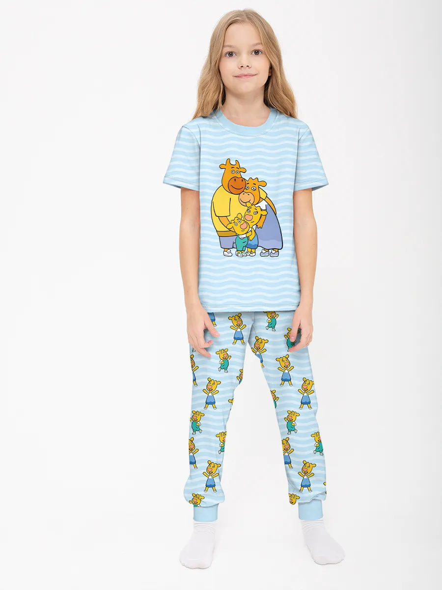 Детская пижама с брюками хлопок / Оранжевая корова FamilyLightBlue