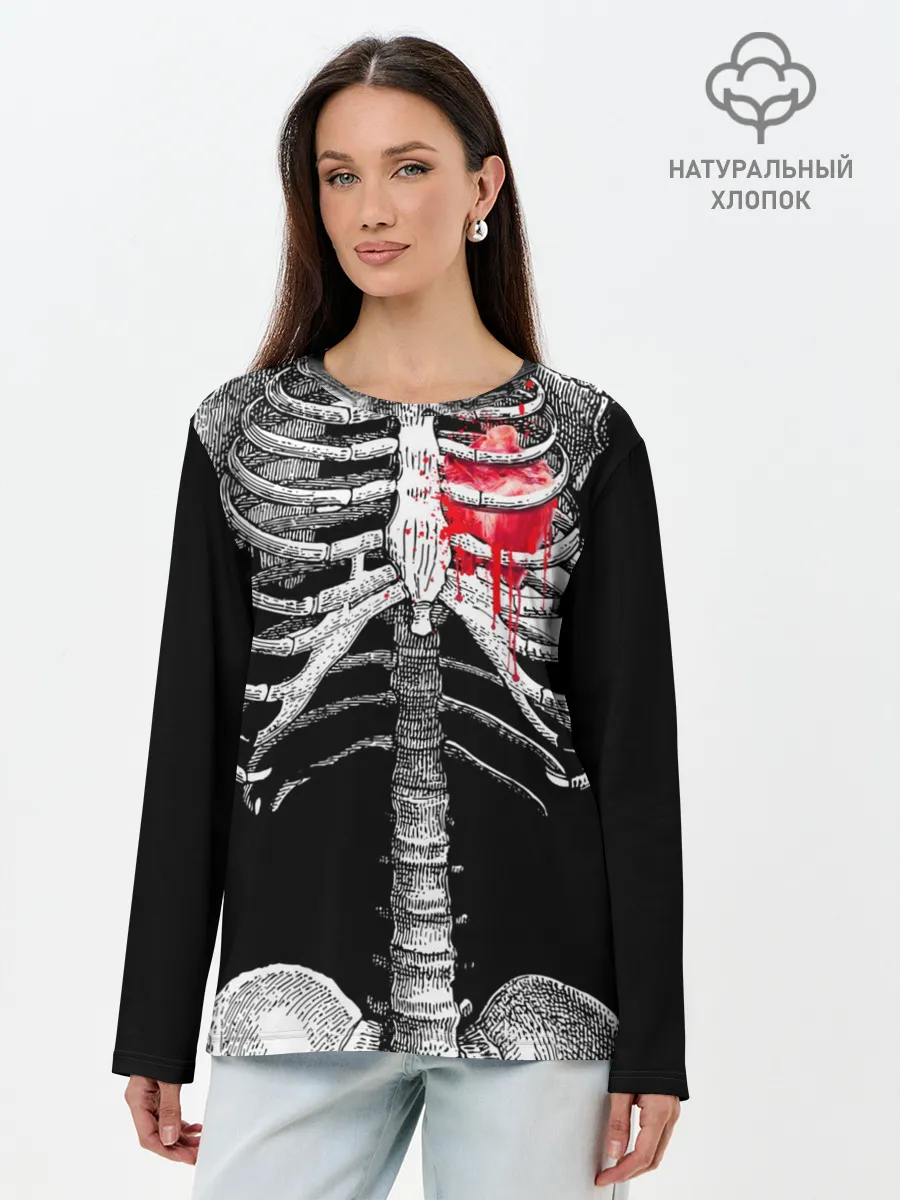 Лонгслив женский. Хлопок / Скелет с сердцем