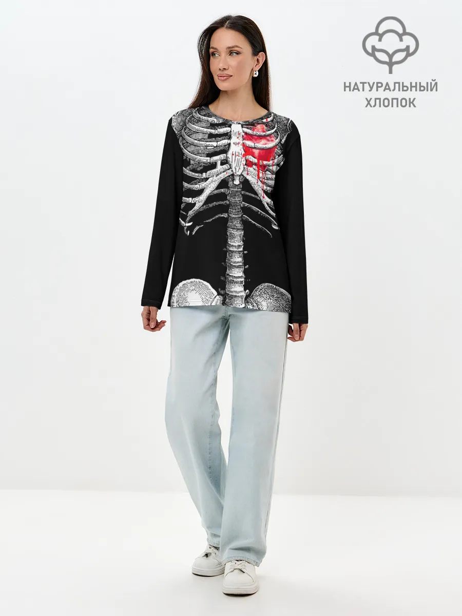 Лонгслив женский. Хлопок / Скелет с сердцем