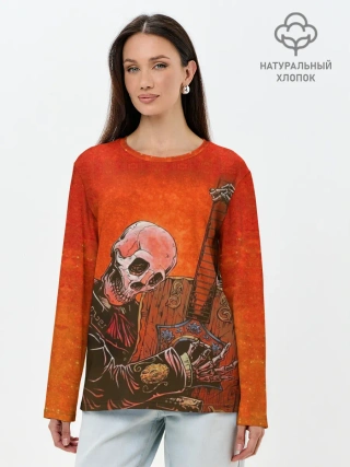 Лонгслив женский. Хлопок / Скелет с гитарой