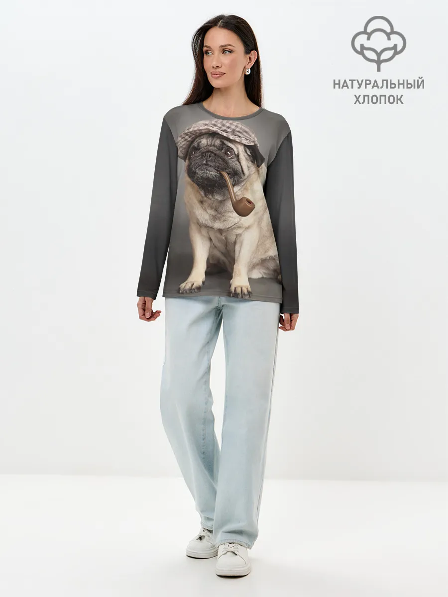 Лонгслив женский. Хлопок / Мопс в кепке