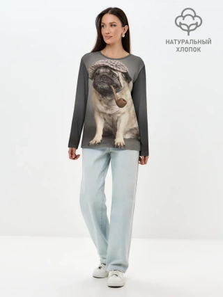 Лонгслив женский. Хлопок / Мопс в кепке