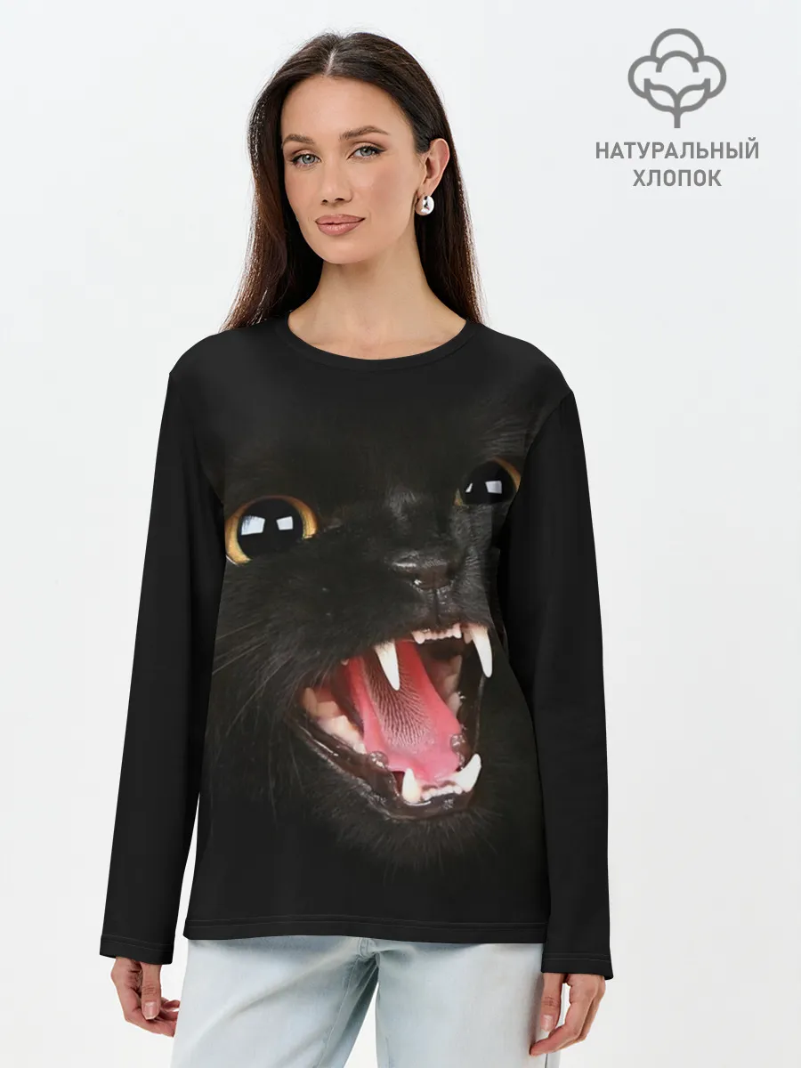 Лонгслив женский. Хлопок / Черный кот