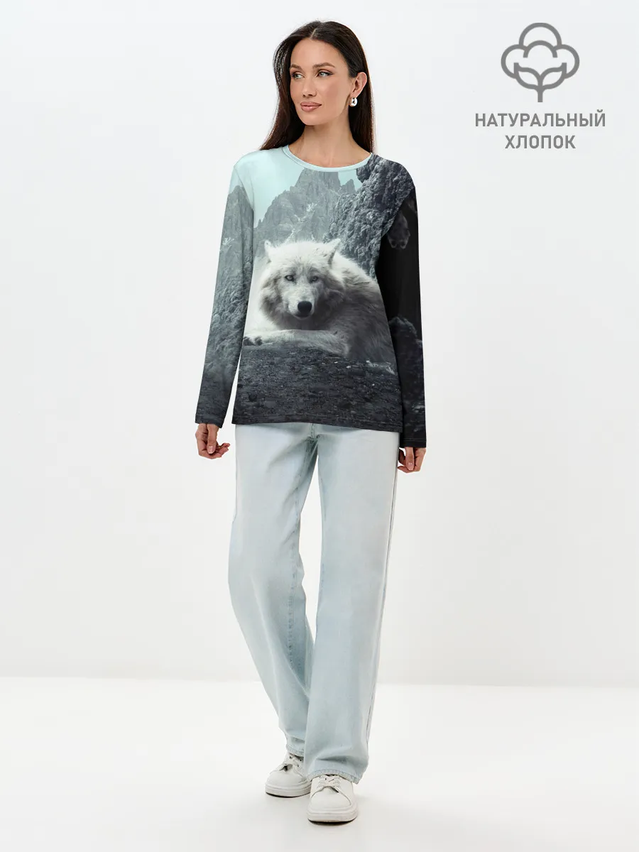 Лонгслив женский. Хлопок / Волк в горах