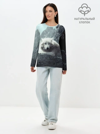 Лонгслив женский. Хлопок / Волк в горах