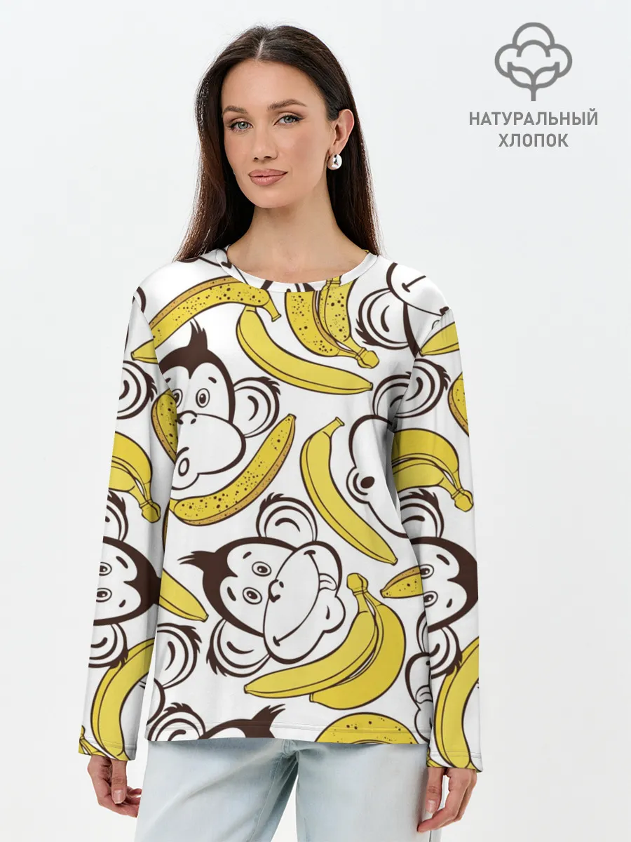 Лонгслив женский. Хлопок / Обезьянки и бананы