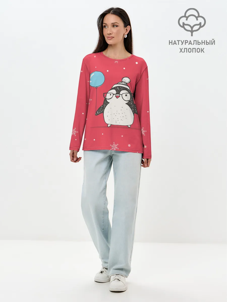 Лонгслив женский. Хлопок / Пингвин с шариком