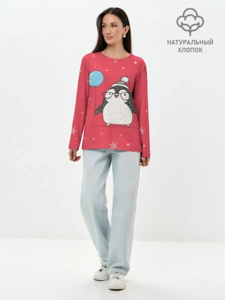 Лонгслив женский. Хлопок / Пингвин с шариком