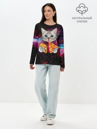 Лонгслив женский. Хлопок / Кот с едой