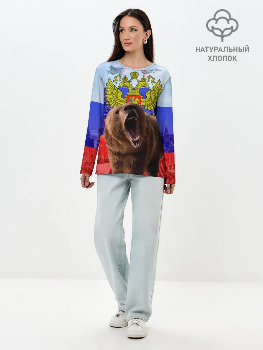 Лонгслив женский. Хлопок / Русский медведь и герб