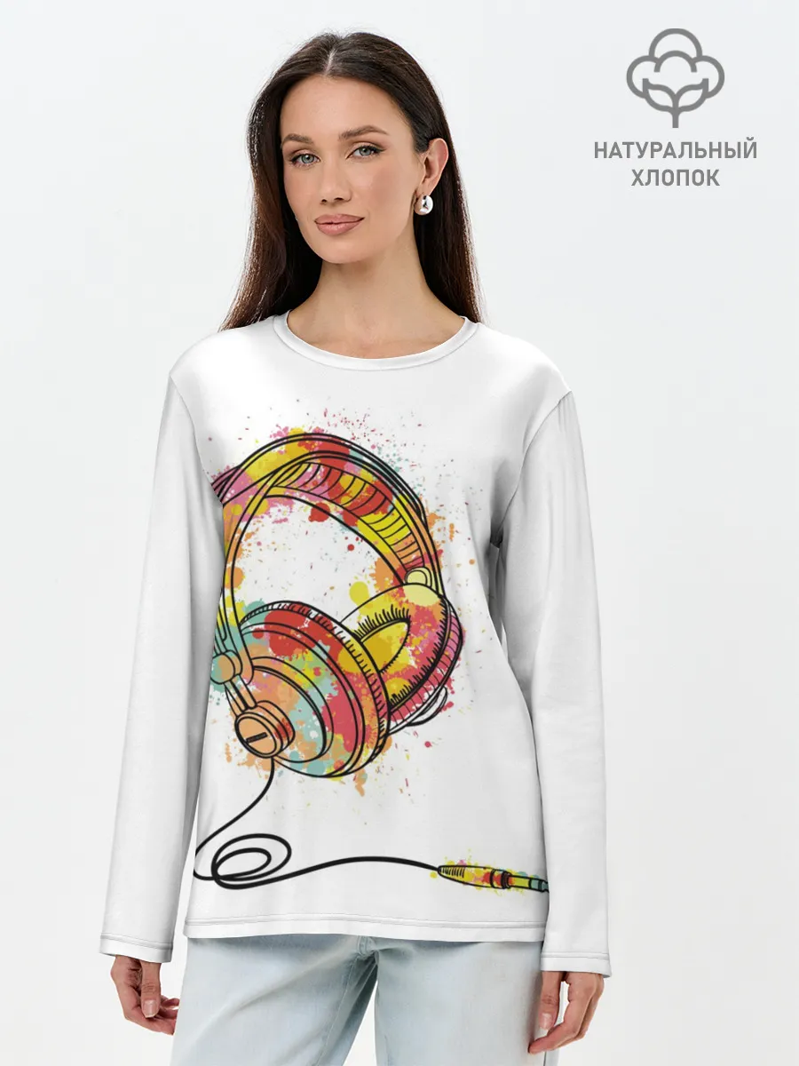 Лонгслив женский. Хлопок / Красочные наушники
