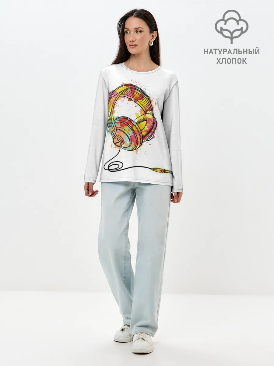 Лонгслив женский. Хлопок / Красочные наушники