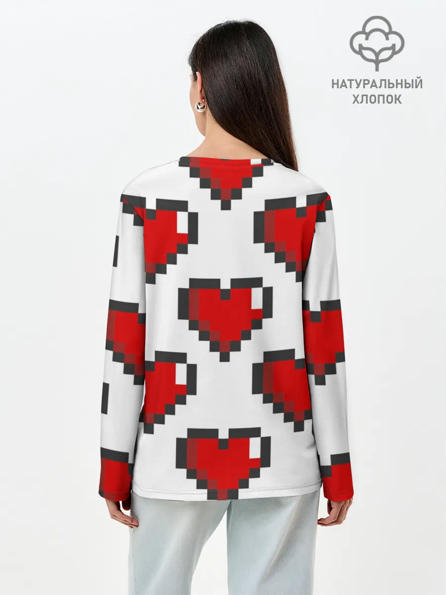 Лонгслив женский. Хлопок / Пиксельные сердечки