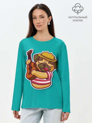 Лонгслив женский. Хлопок / Мопс музыкант