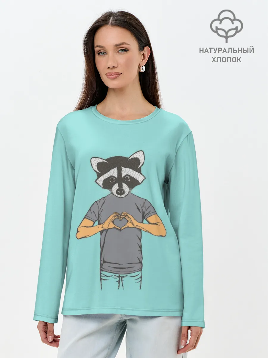 Лонгслив женский. Хлопок / Енот Хипстер Love
