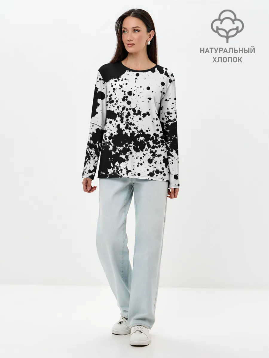 Лонгслив женский. Хлопок / Черно-белые капли