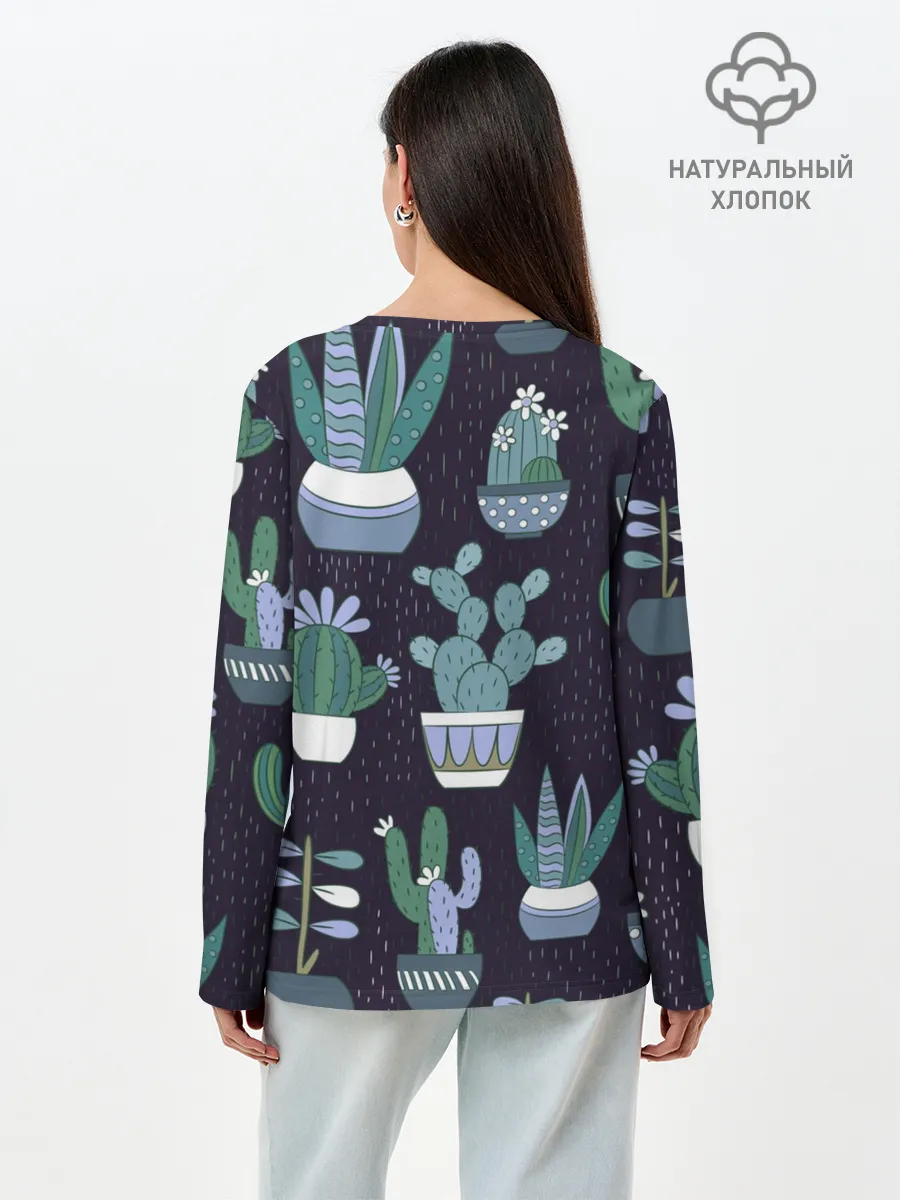 Лонгслив женский. Хлопок / Кактусы