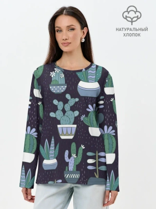 Лонгслив женский. Хлопок / Кактусы