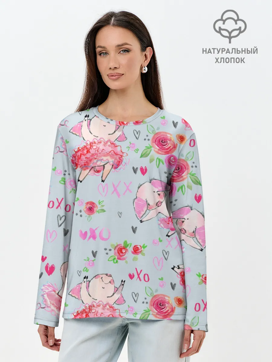 Лонгслив женский. Хлопок / Свинки-балеринки