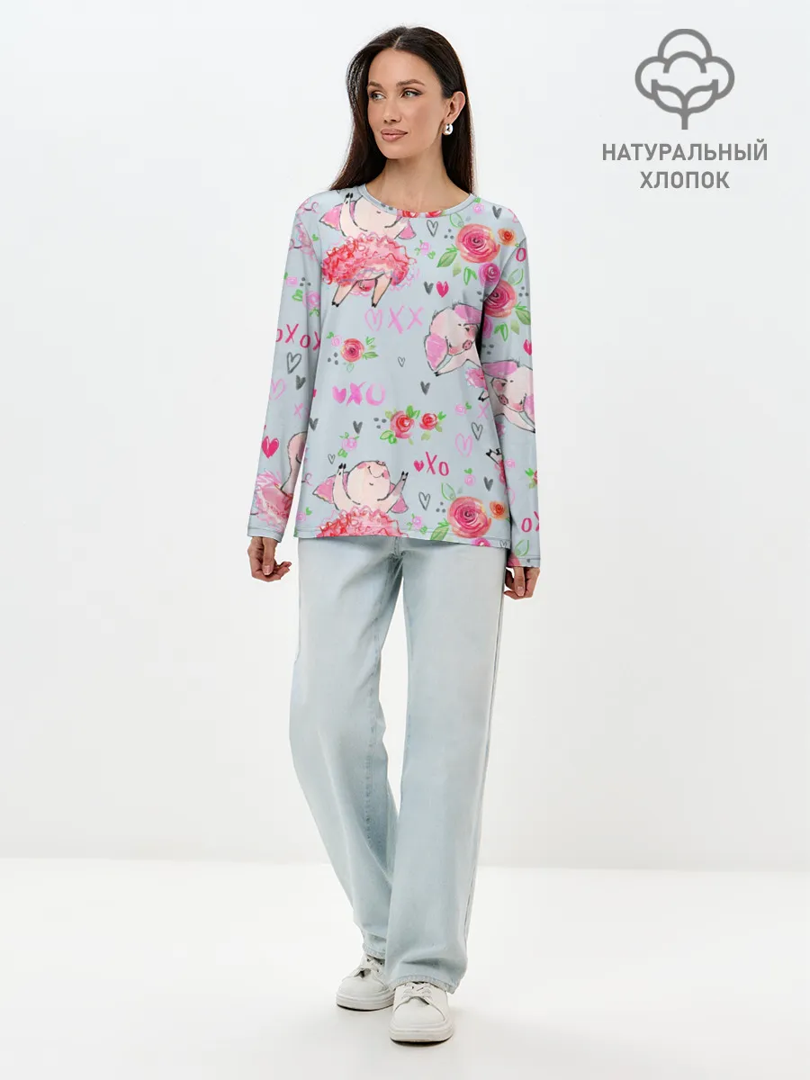 Лонгслив женский. Хлопок / Свинки-балеринки