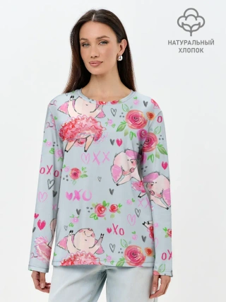 Лонгслив женский. Хлопок / Свинки-балеринки