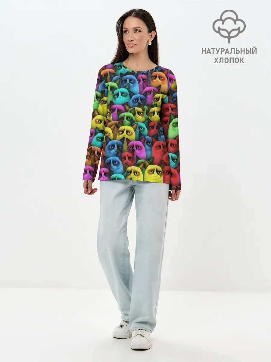 Лонгслив женский. Хлопок / Разноцветные сердитые коты