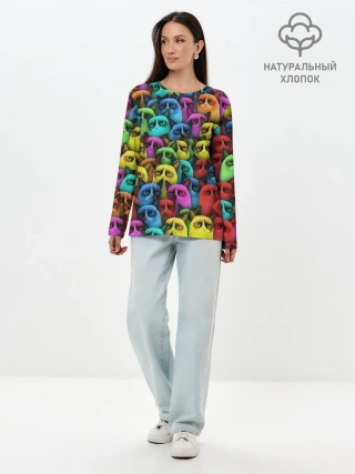 Лонгслив женский. Хлопок / Разноцветные сердитые коты