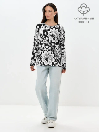 Лонгслив женский. Хлопок / Хохлома чб