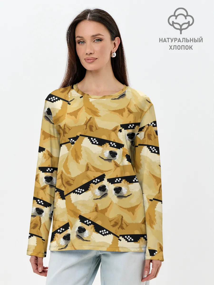 Лонгслив женский. Хлопок / Doge мем в deal with it очках