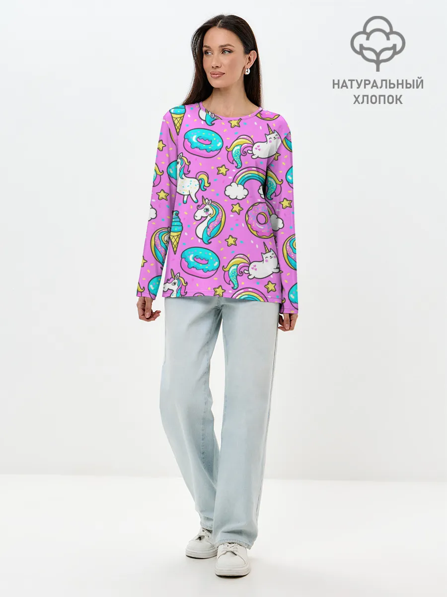 Лонгслив женский. Хлопок / Котики и Единороги