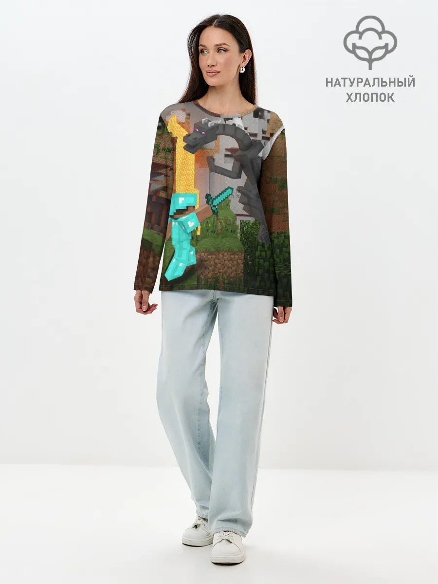 Лонгслив женский. Хлопок / Стив сражается с Эндердраконом