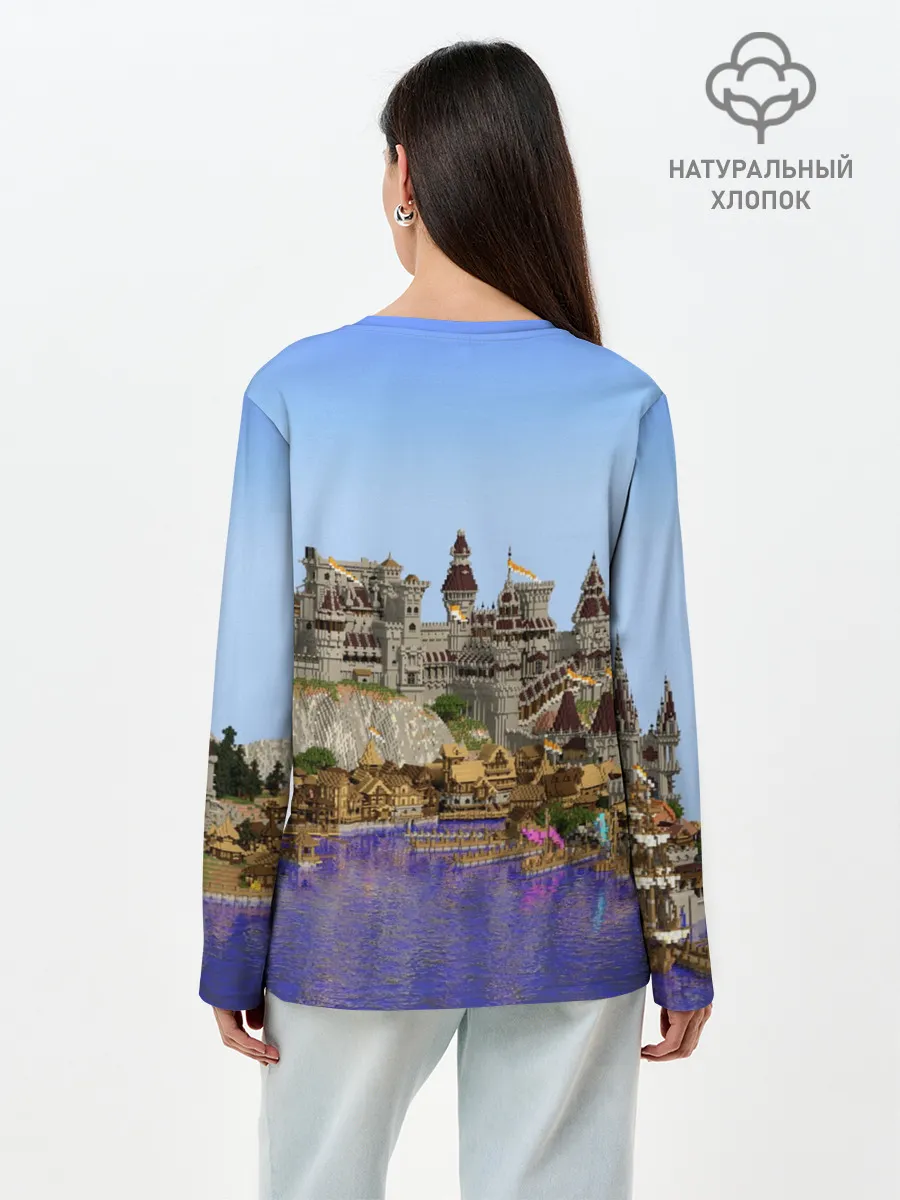Лонгслив женский. Хлопок / Корабль и замок в манкрафт.