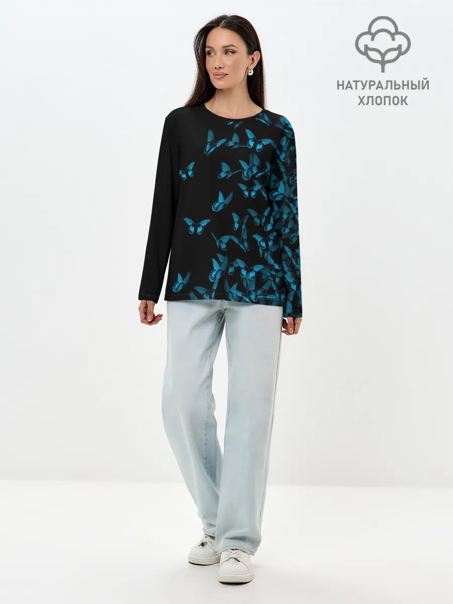 Лонгслив женский. Хлопок / Синие бабочки