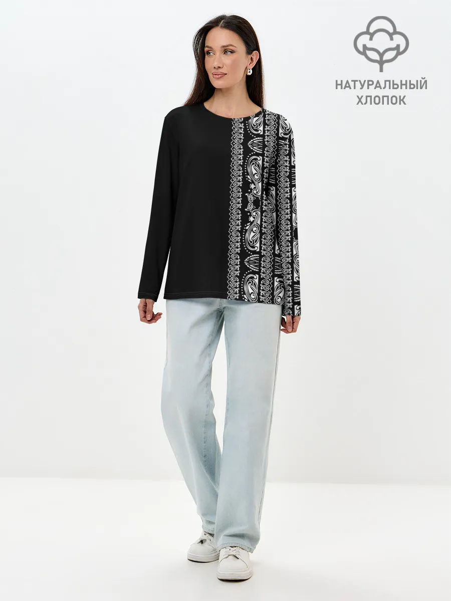 Лонгслив женский. Хлопок / Узор на чёрном