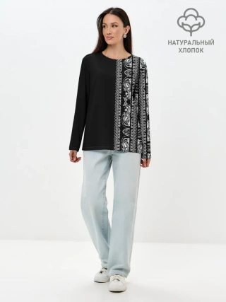 Лонгслив женский. Хлопок / Узор на чёрном