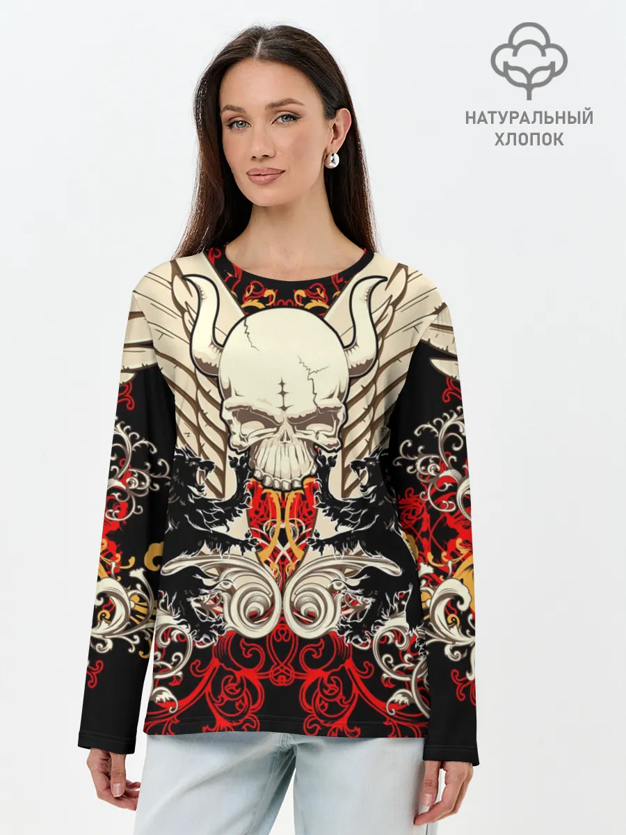 Лонгслив женский. Хлопок / Vintage Skull Art v2