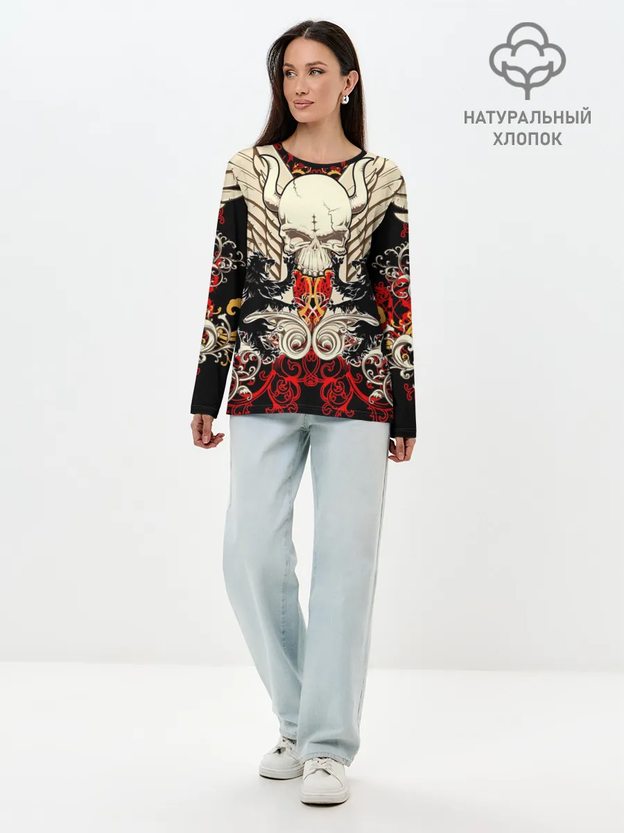 Лонгслив женский. Хлопок / Vintage Skull Art v2